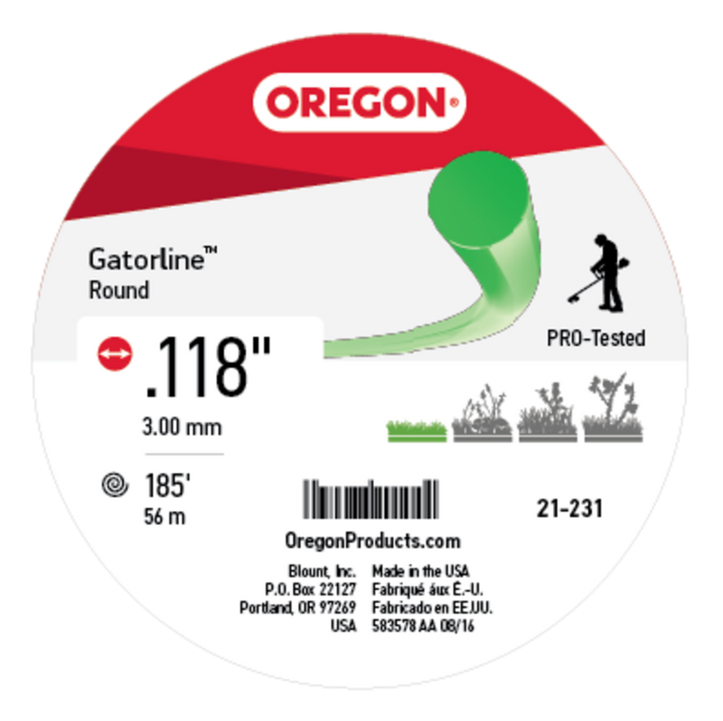 Oregon Trimmer Line - 21-231 - Green Gatorline - Round - .118" Gauge, 1 lb. Donut, 185 Feet